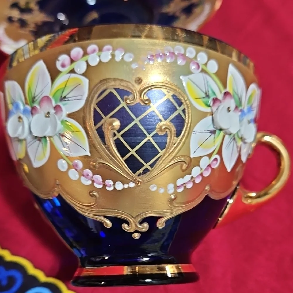 Vintage Bohemian Cobalt Blue Glass Tea Cup & Saucer Set 24K Gold High Enamel